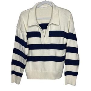 By Together Women Medium Cream and Blue Striped V Neck Collared Sweater